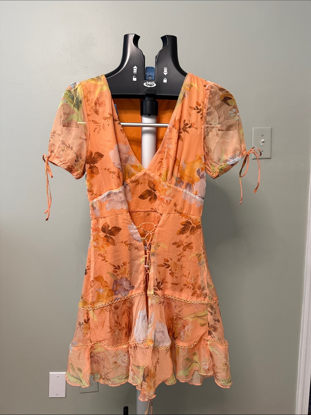 Summer Wedding Guest Orange Floral Lace-Up Mini Dress Fairy Core